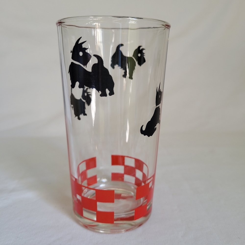 Hazel Atlas Vintage Scottie Terrier Dog and Red Check Juice Glass Approx 5x2.5"